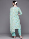 Indo Era Sea Green Embroidered Straight Kurta Trousers With Dupatta Set