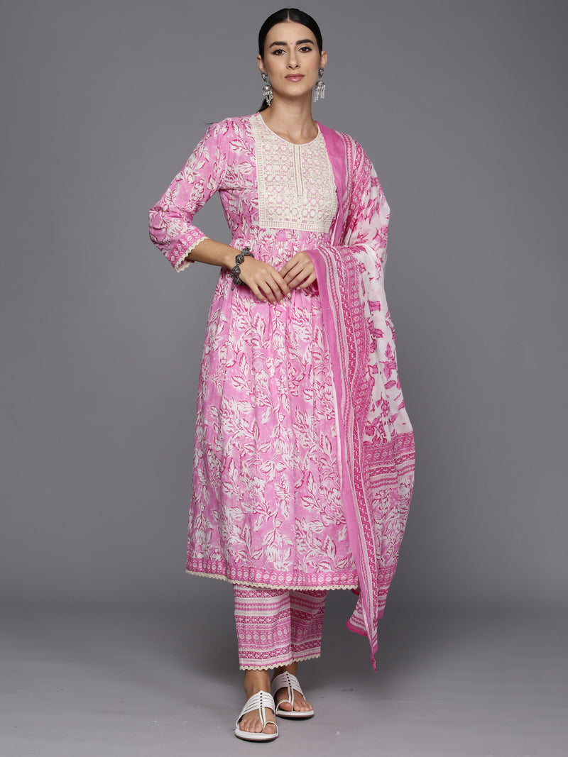 Indo Era Pink Embroidered A-Line Kurta Trousers With Dupatta Set