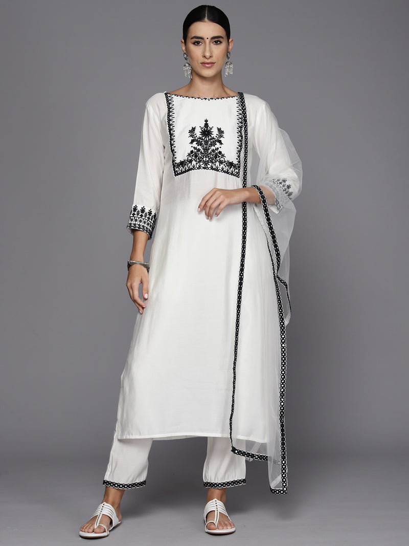 Indo Era White Embroidered Straight Kurta Trousers With Dupatta Set