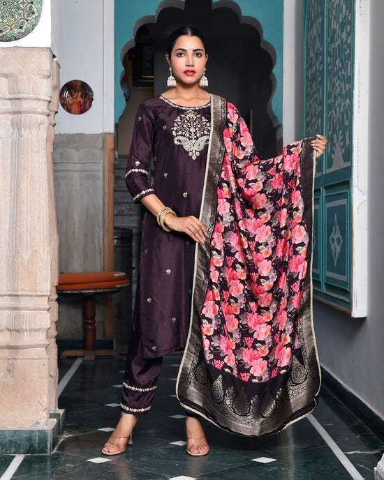 Vaasva Women Silk Emboidered Solid Pant Set & Digital Printed Dupatta-169VAASWINE