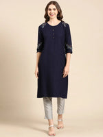 Women's Navy Blue Solid Straight Kurta-DF-1561-Navyblue