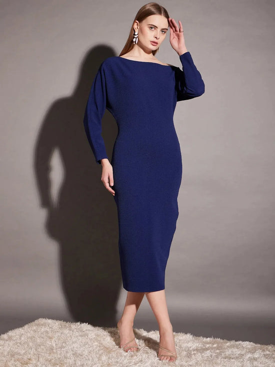 Drop shoulder fitted midi dress in Blue Color