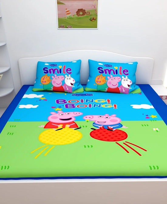 Athom Living Smile Peppa Pig Digital Printed Cotton Kids Double Bedsheet 270x270 cm with 2 Pillow Cover-PEP-03-244-D