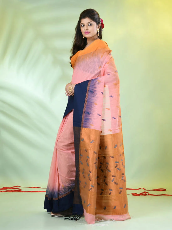 Peach Cotton Ikat Saree With Ganga Jamuna Border-MA66BCT431380073