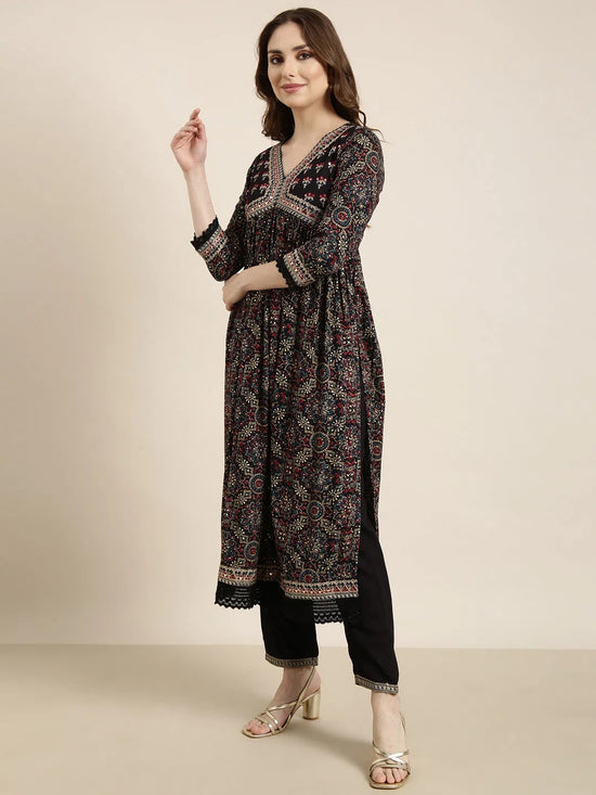 Women A-Line Navy Blue Ethnic Motifs Kurta and Trousers Set Comes With Dupatta-GW-4412-Navyblue