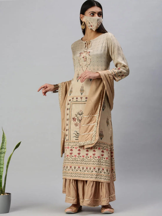 Women's Beige Printed Kurta Sets-RZ9097-Beige