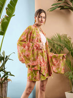 Women Green Floral Kimono Shrug With Shorts