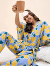 Kurta Pyjama with Kaftan Overlay Set in Blue and Yellow Pineapple Print