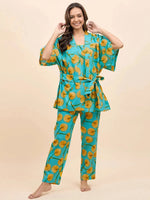 Kurta Pyjama with Kaftan Overlay Set in Yellow Fruit Print