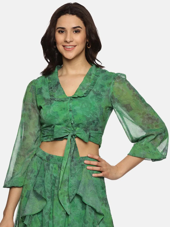 Floral Green Front Tie-Knot Crop Top-17353