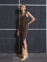 Women Brown Rib Side Slit Bodycon Midi Dress