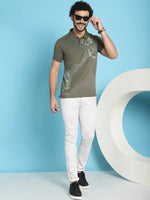 Venitian Men All Over Printed Olive Cotton Polo Neck T-Shirt