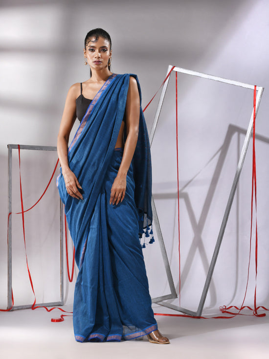 Sapphire Blue Cotton Saree With Sequined Pallu-MA55CT06520117