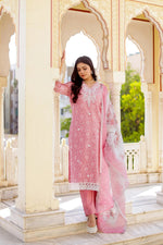 Vaasva Women Candy Pink Linen Printed Kurta, Pant & Dupatta set