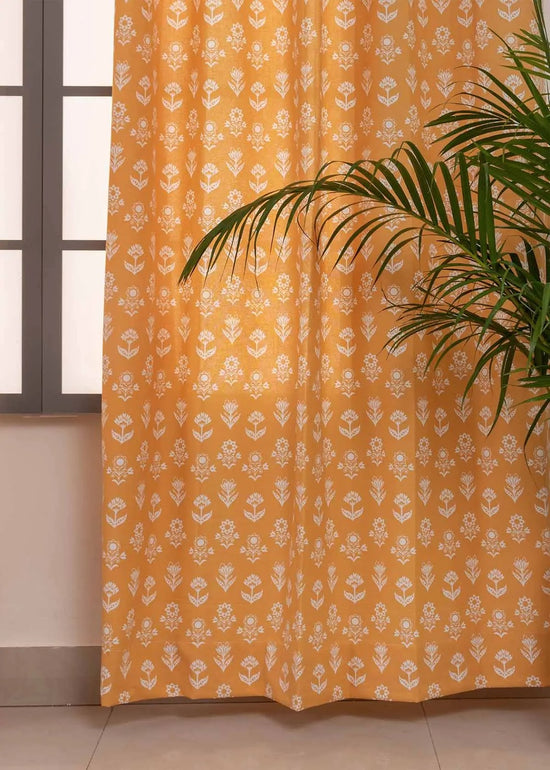 Dahlia 100% cotton floral curtain for living room - Room darkening - Mustard - Pack of 1 - Pack of 1-230422013