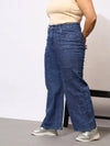 Women Blue Acid Wash Hem Pocket Straight Jeans