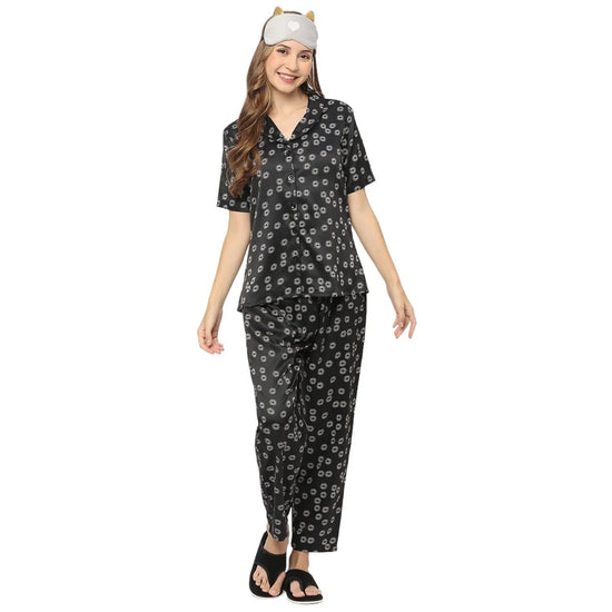 Smarty Pants Women's Silk Satin Black Color Floral Print Night Suit