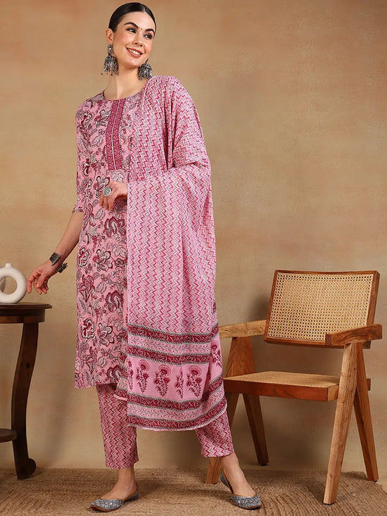 Ahika Women Pink Cotton Blend Printed Straight Kurta Pant Set-VKSKD2168_XS