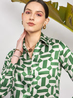 Women Green Satin Geometrical Shirt With Ruched Skirt