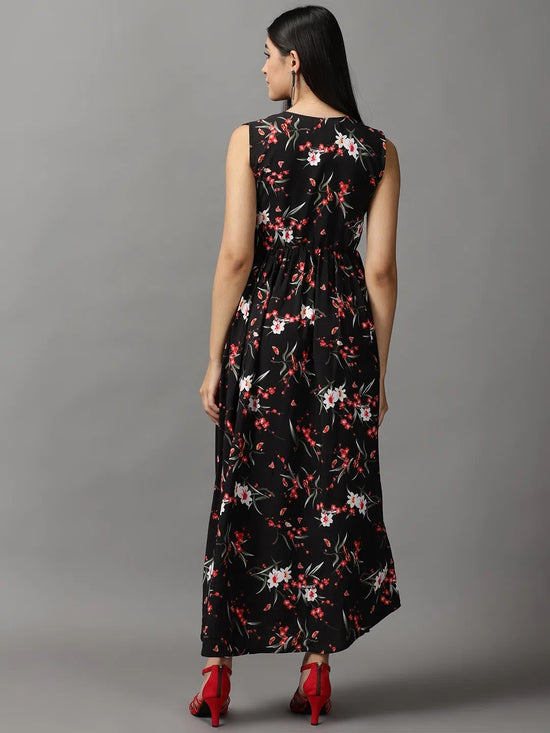 Women's Black Floral Fit and Flare Dress-AE-15747-Black