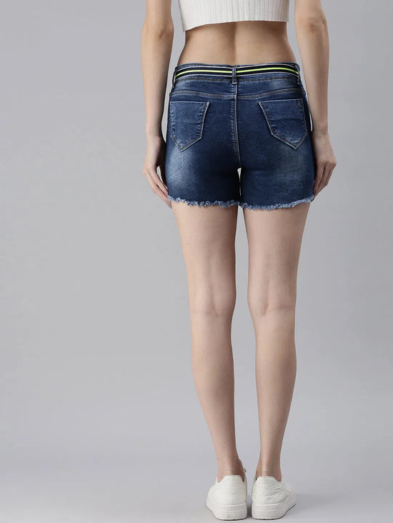 Women's Blue Solid Denim Shorts-LT-7422-Blue