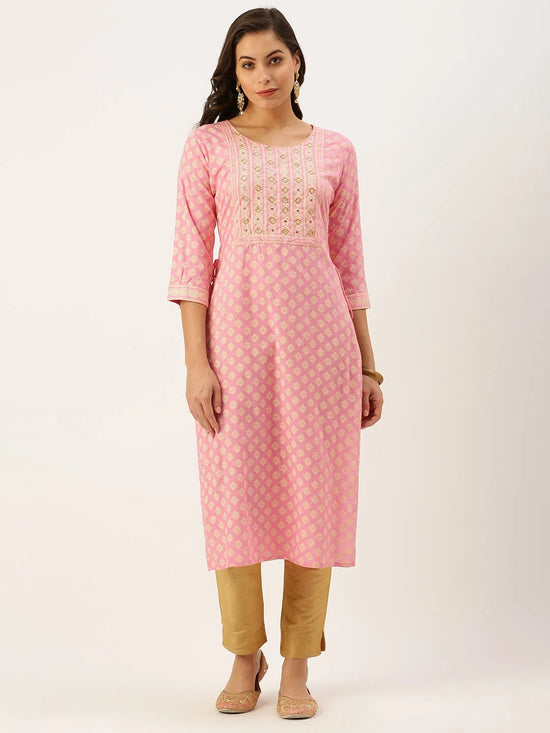 Women's Pink Printed Straight Kurtas-AT-A250-K-Pink