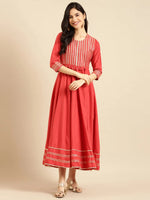 Women's Red Embroidered A-Line Kurta-ON-561-Red