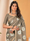 Saree Mall Women's Cotton Slub Grey Printed Designer Saree With Blouse Piece-NAVYA117