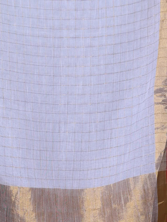 White Checkbox Designs Soft Linen Saree With Zari Borders-MA62LN33990026