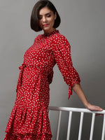 Women's Red Printed Drop-Waist Dress-AE-15622-Red