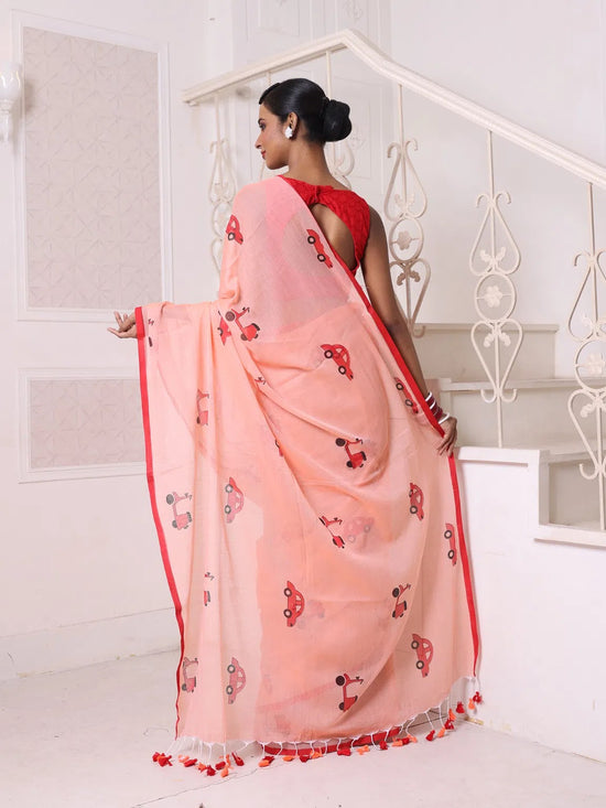 Peach Bengali Style Mulmul Cotton Soft Saree-MA62MCT33750035