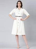 Women Cream Solid Shirt Dress-DF-1439-Cream