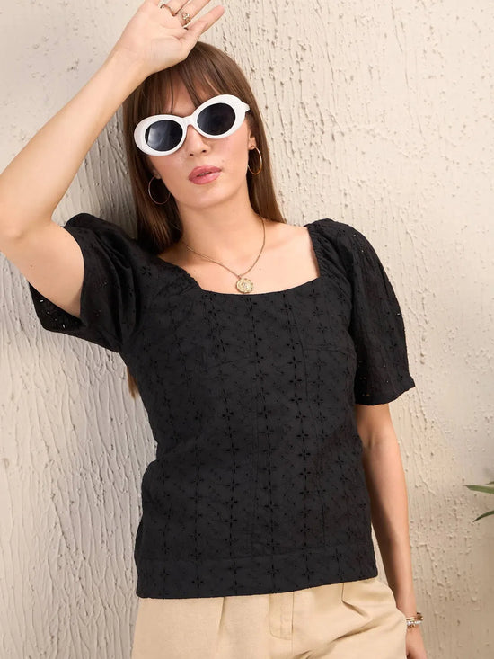 Women Black Schiffli Square Neck Smocked Top