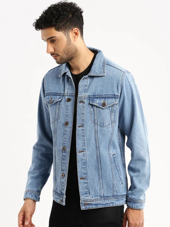 Men Blue Spread Collar Solid Denim Jacket-IB-DJ-07-1-Blue