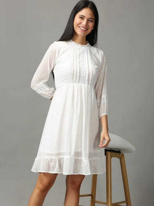 Women's White Solid Fit and Flare Dress-HQ-23-White