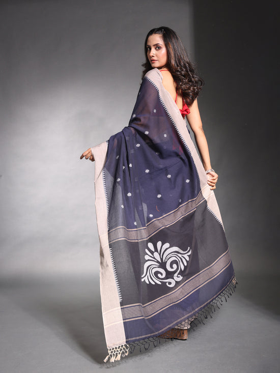 Navy Blue Pure Cotton Soft Saree With Temple Border-MA54CT041380013