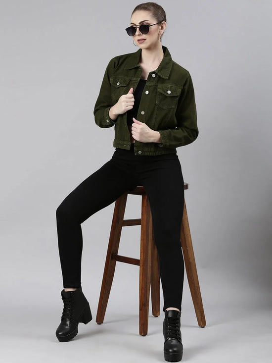 Women Olive Solid Denim Jacket-GZ-5598-Olive