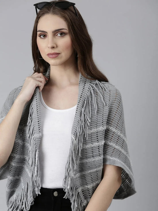 Women Grey Self Design Poncho-CHN-9951-Grey