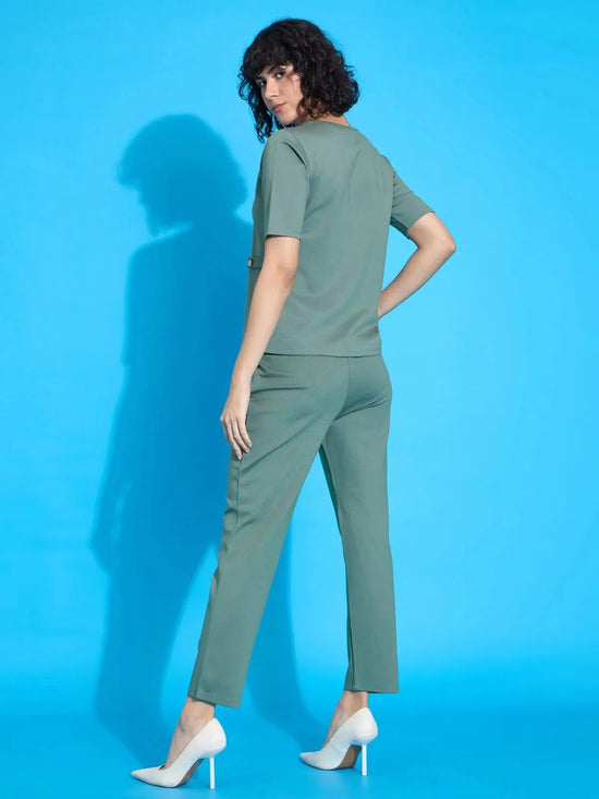 Women Green Half Sleeves Top With Tapered Pants