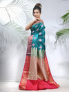 Teal Embroidered Motifs Silk Saree With Zari Borders-MA56BSL44940018