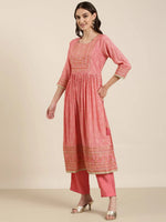 Women Coral Floral Kurta Set-GW-3664-Coral