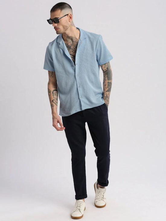 Men Cuban Collar Solid Blue Casual Shirt-FELCO-2202-Blue