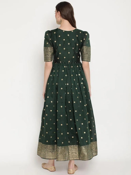 Ahalyaa Women'S Dark Green Chanderi Polka Dot Printed Kurta