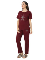 Smarty Pants Women's Cotton Lycra Maroon Color Eiffel Tower Print Night Suit