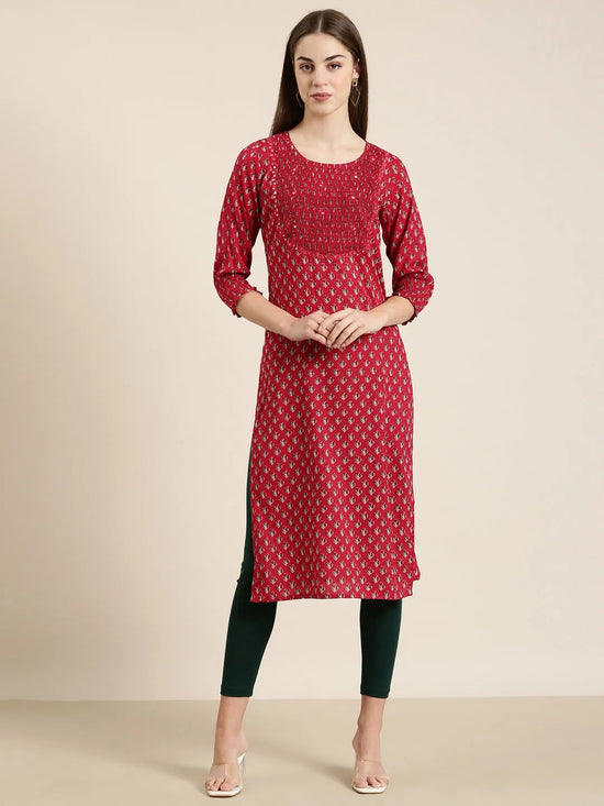 Women Fuchsia Floral Straight Kurta-AT-A1026-K-Fuchsia