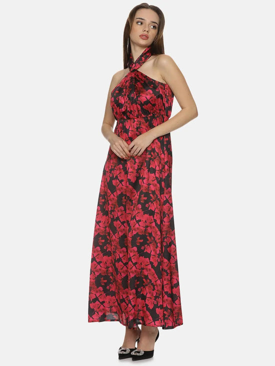 Floral Red Halter Maxi Dress-17298