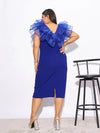 Women Royal Blue Organza Frill Detail Bodycon Dress