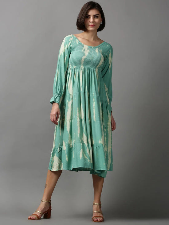 Women's Sea Green Tie Dye Fit and Flare Dress-ON-582-Seagreen