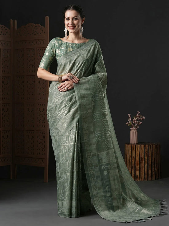 Saree Mall Women's Kota Doria Cotton Sea Green Printed Designer Saree With Blouse Piece-SUMITRA103