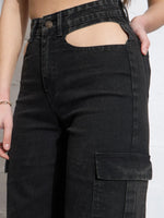 Women Black Washed Waist Cut Out Cargo Jeans